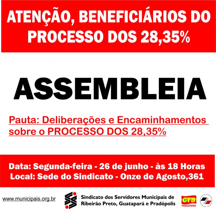 Sindicato convoca beneficiários do processo dos 28,35% para assembleia na próxima segunda
