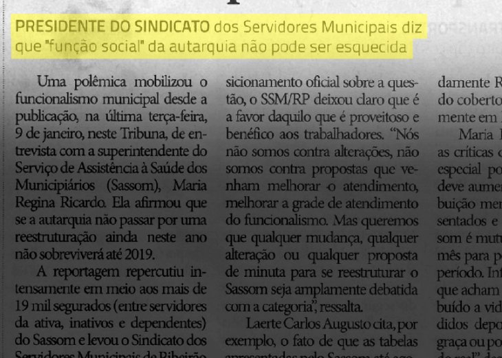 Na imprensa: posição do Sindicato sobre Sassom é destaque no jornal ‘Tribuna’