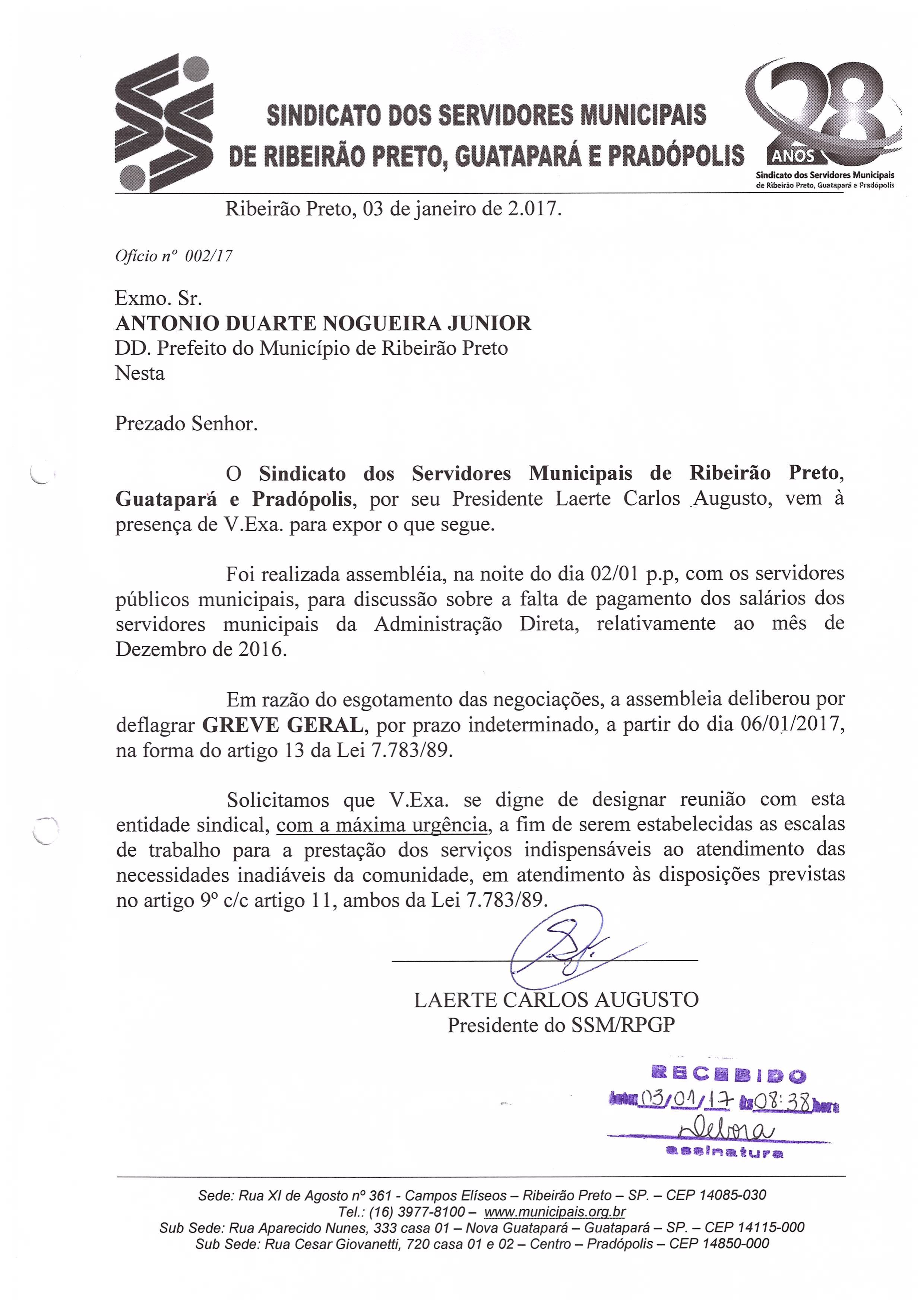 Sindicato notifica prefeitura da greve que será deflagrada no dia 6